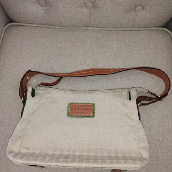 Like New Kate Spade Leather Trim Canvas Shoulder Bag in Cream/Green/Brown - Picture 5 of 11